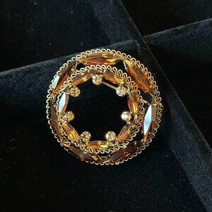 Vintage Made In Austria Gold-Tone Rhinestone & Amber Glass Circular Brooch Pin